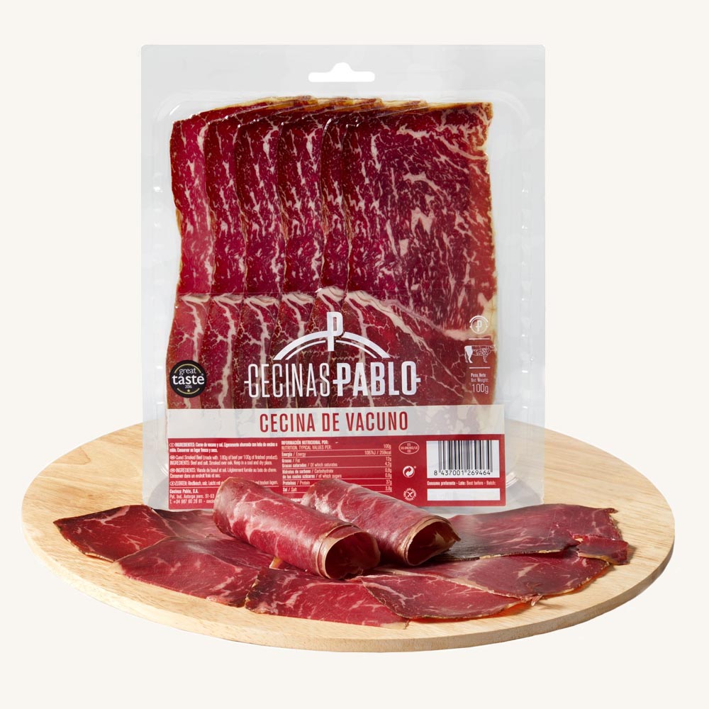 Cecina de vacuno (cured slightly smoked beef), from Leon, pre-sliced