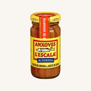 Anxoves de L´Escala (M. Sureda) Anchovy fillets in olive oil, artisan, from Girona – Mediterranean Sea, small jar 100 gr (55 gr drained)