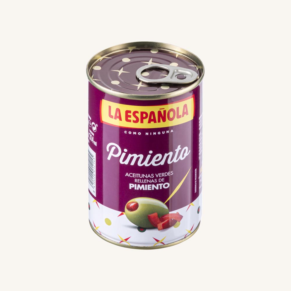La Española Green olives stuffed with red pepper, Pimiento, manzanilla variety, can 130g main