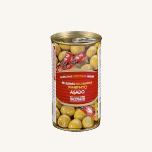 Green manzanilla olives stuffed with roasted pepper (aceitunas rellenas de pimiento asado), can 350g